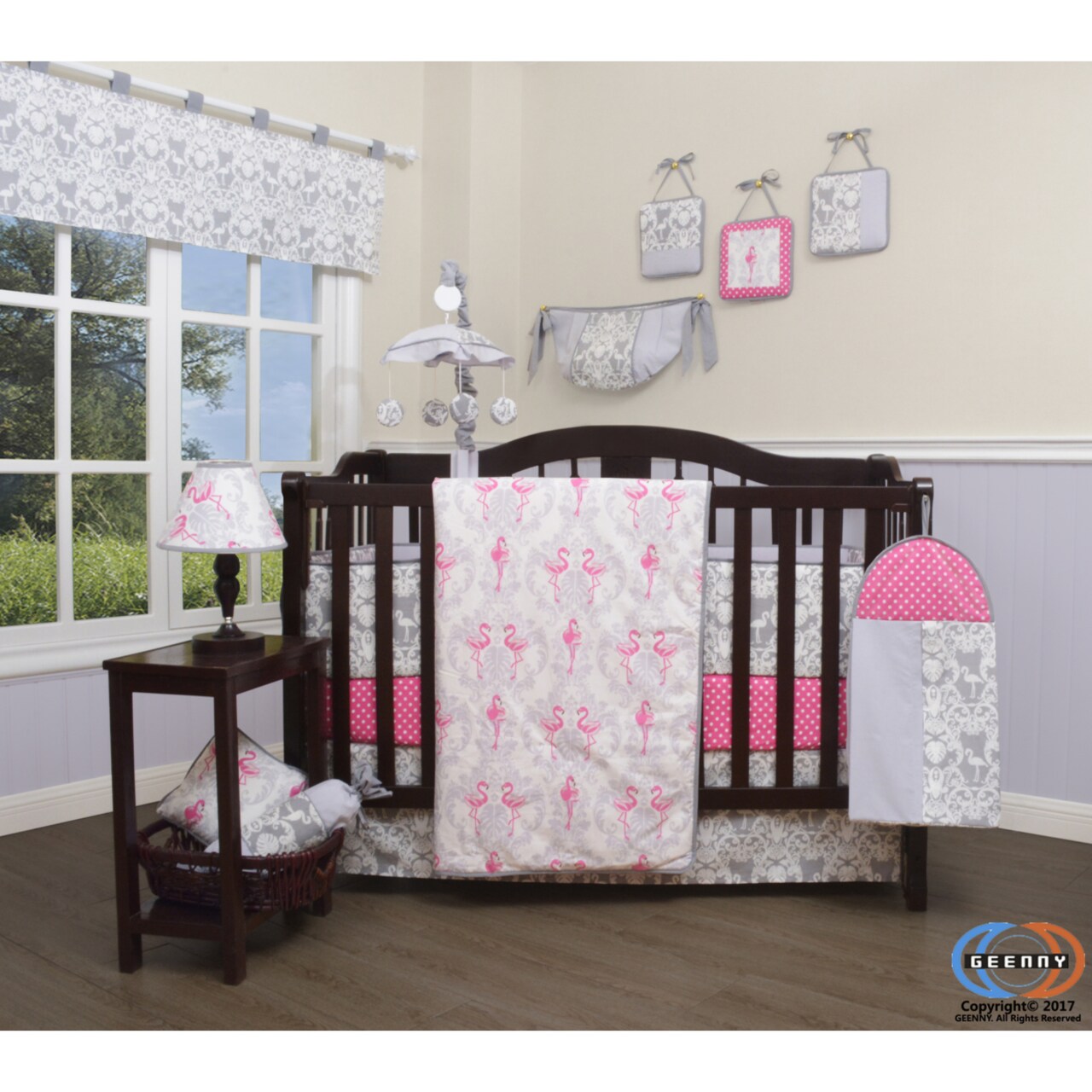 GEENNY Xmas Sales Bumperless 12PCS Flamingo Bird Baby Nursery Crib Bedding Set By